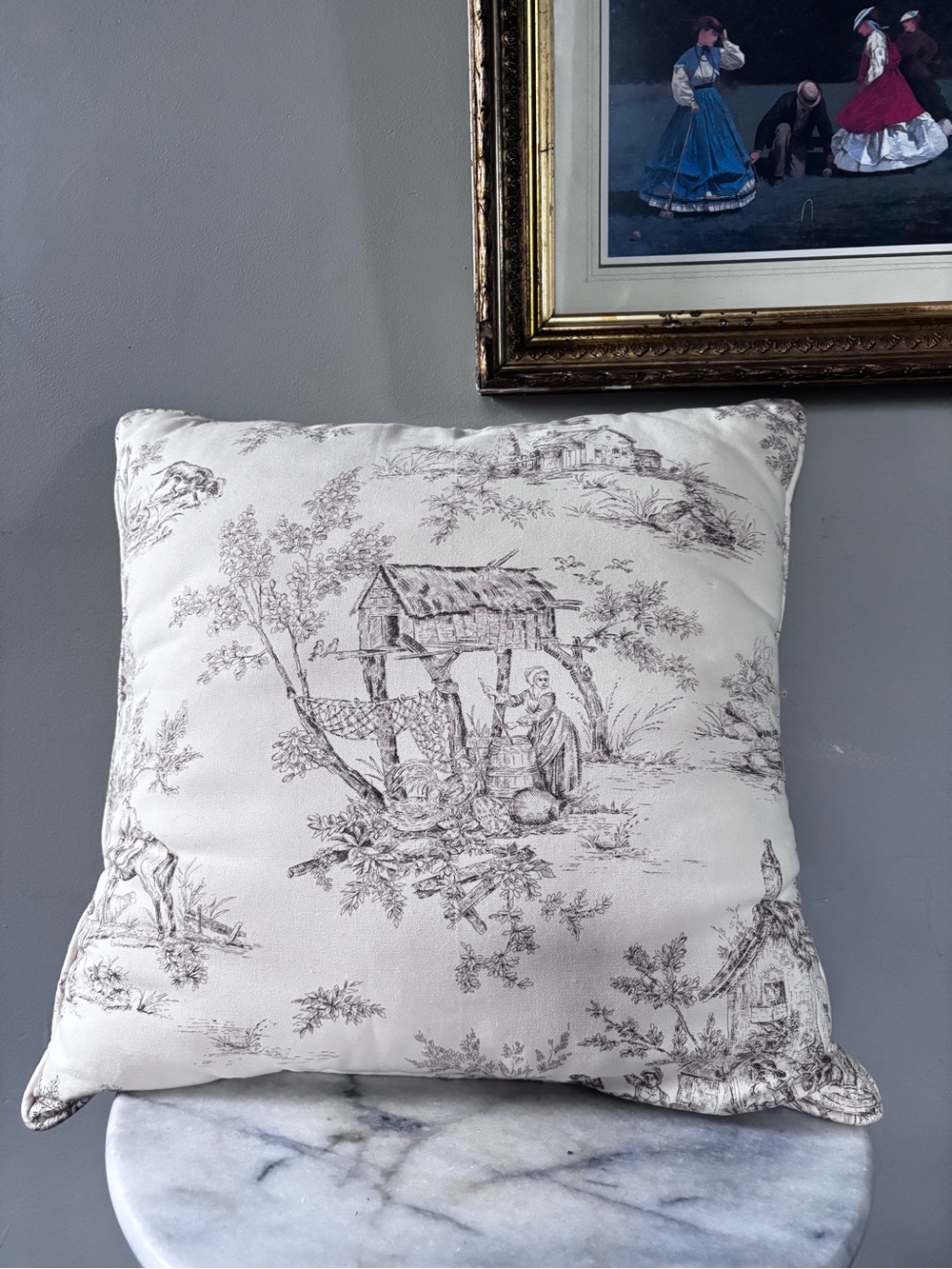 French Toile Print Throw Pillow - Cream and Brown- 17”x17”